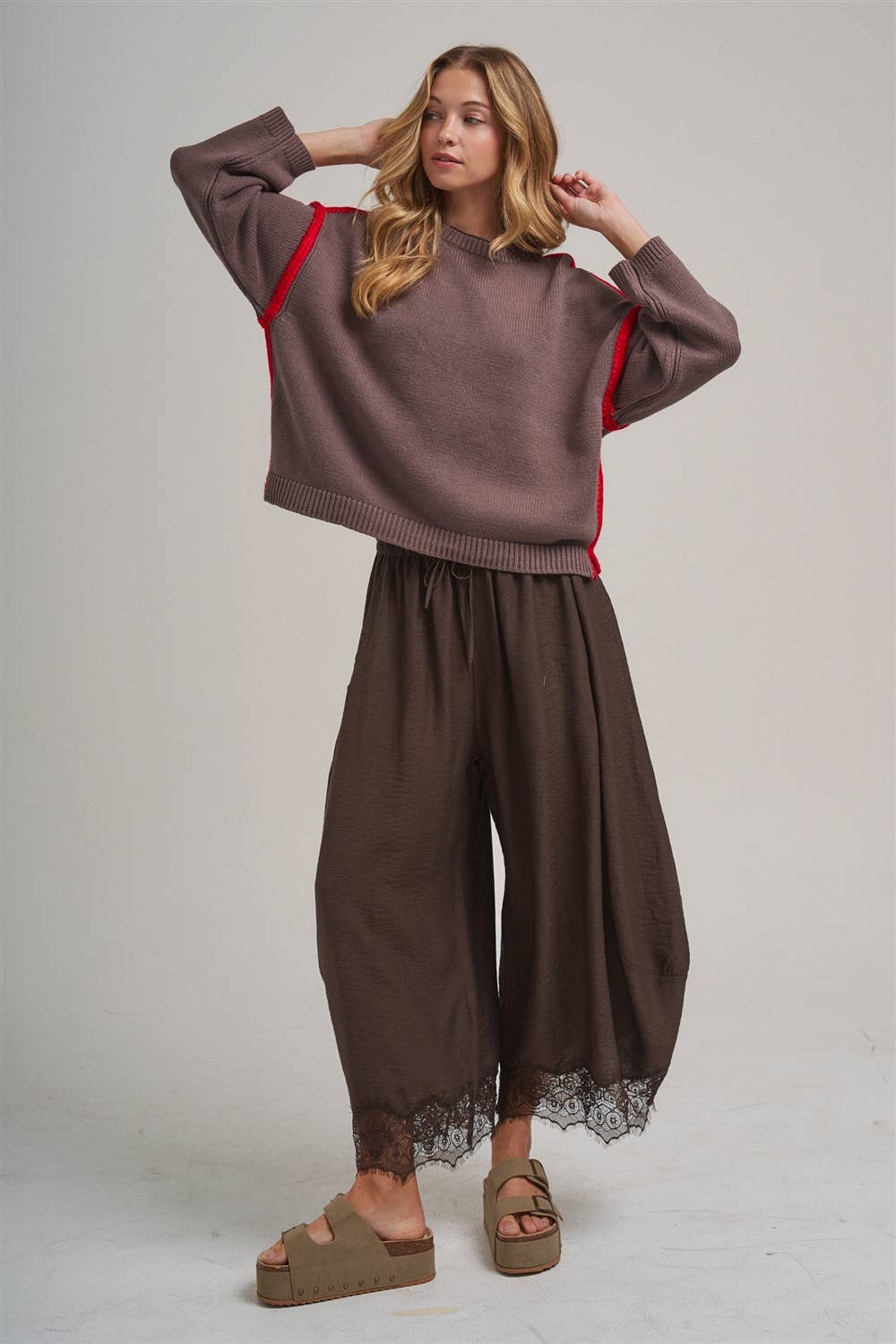 Flowy Balloon Pants with Lace Trim