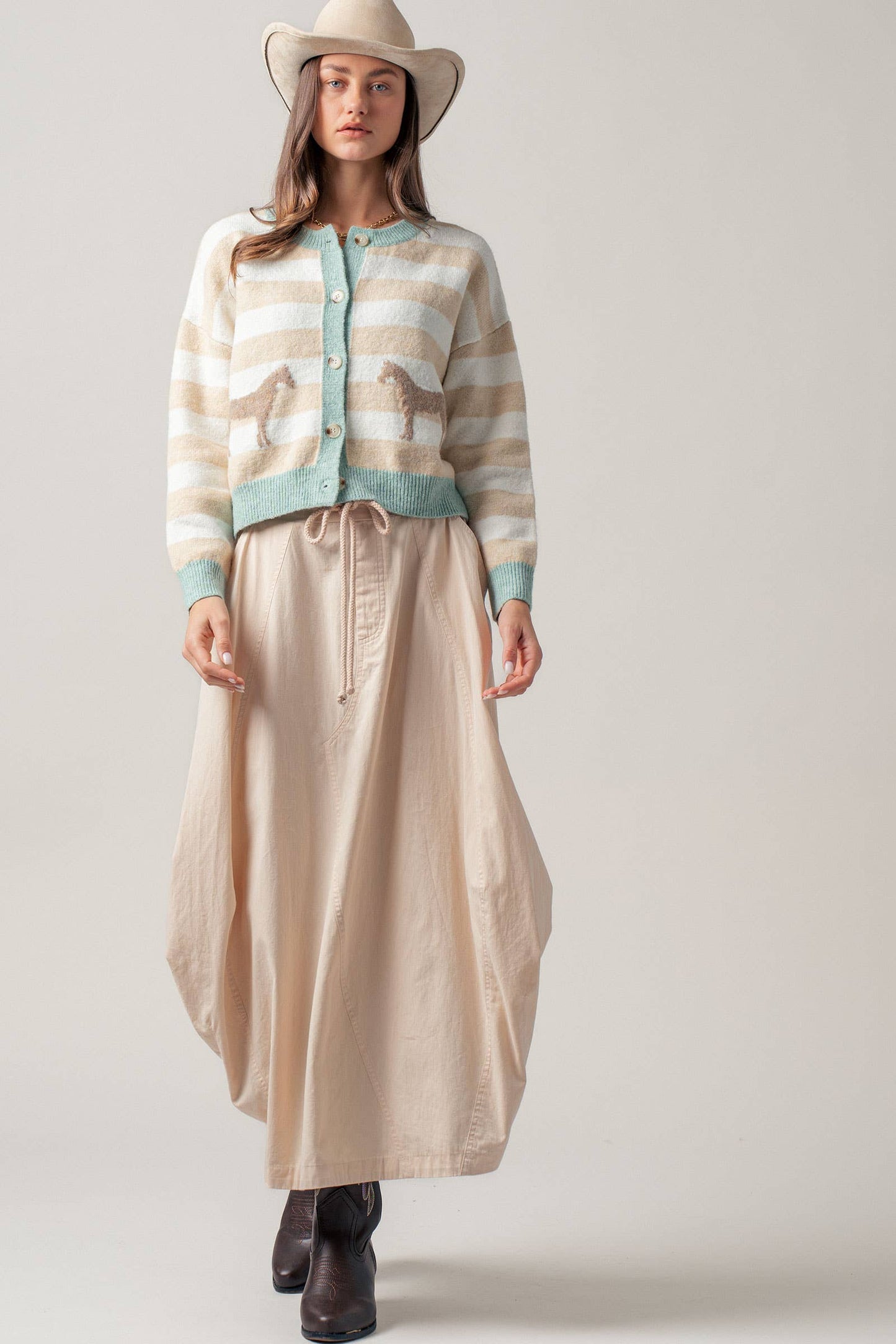 Horse Jacquard Striped Crew Neck Cardigan