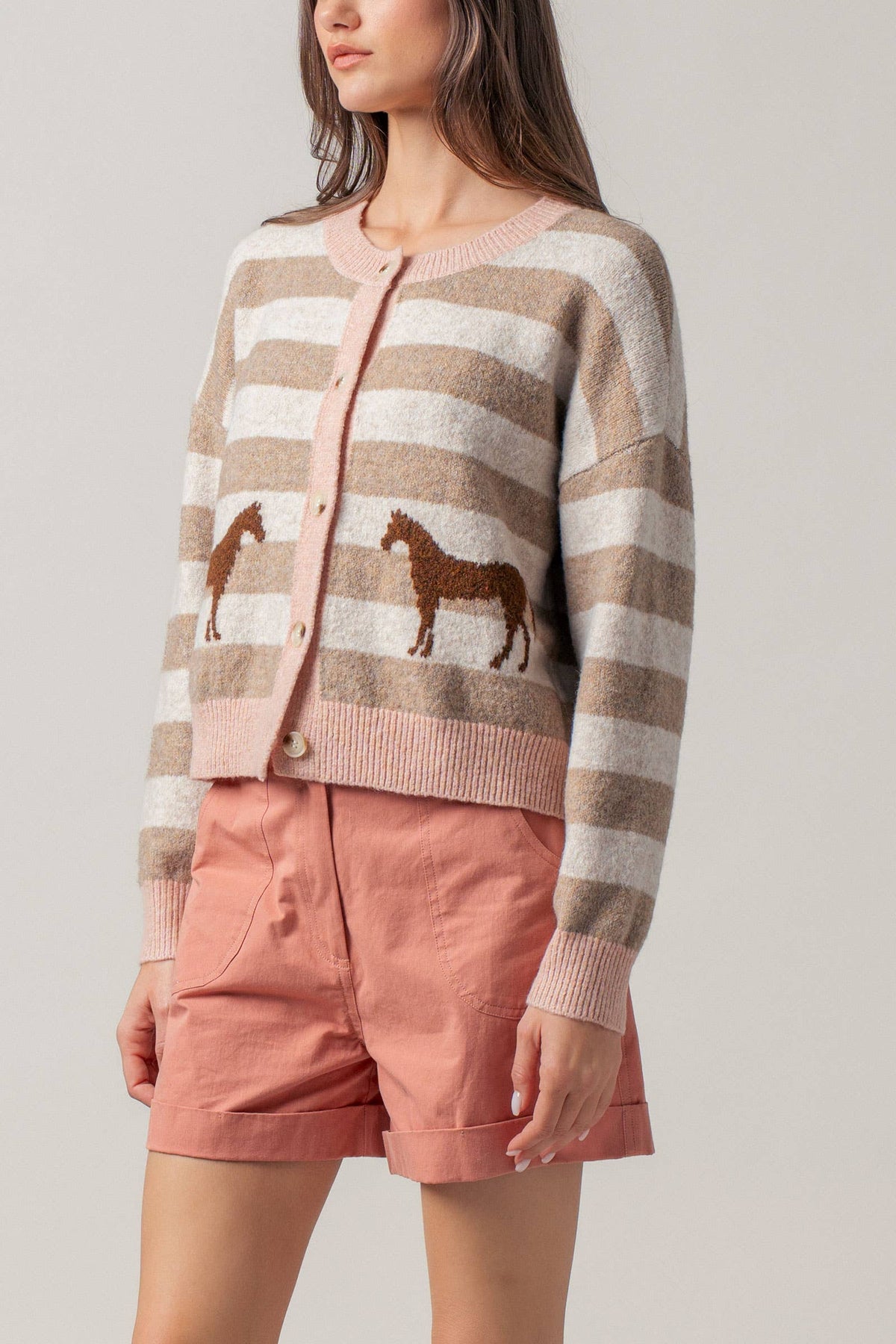 Horse Jacquard Striped Crew Neck Cardigan