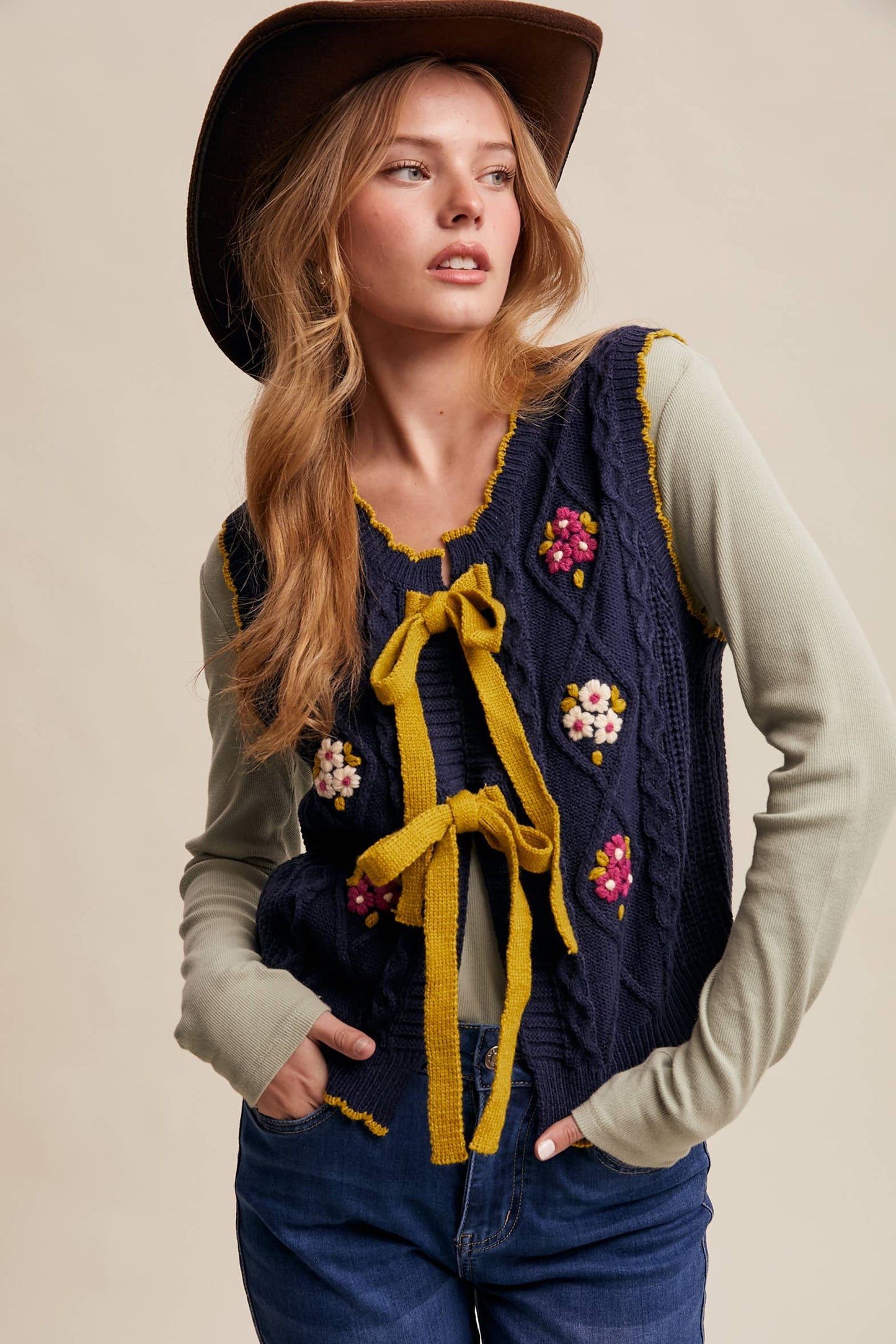Bow-Tie Floral Knit Vest