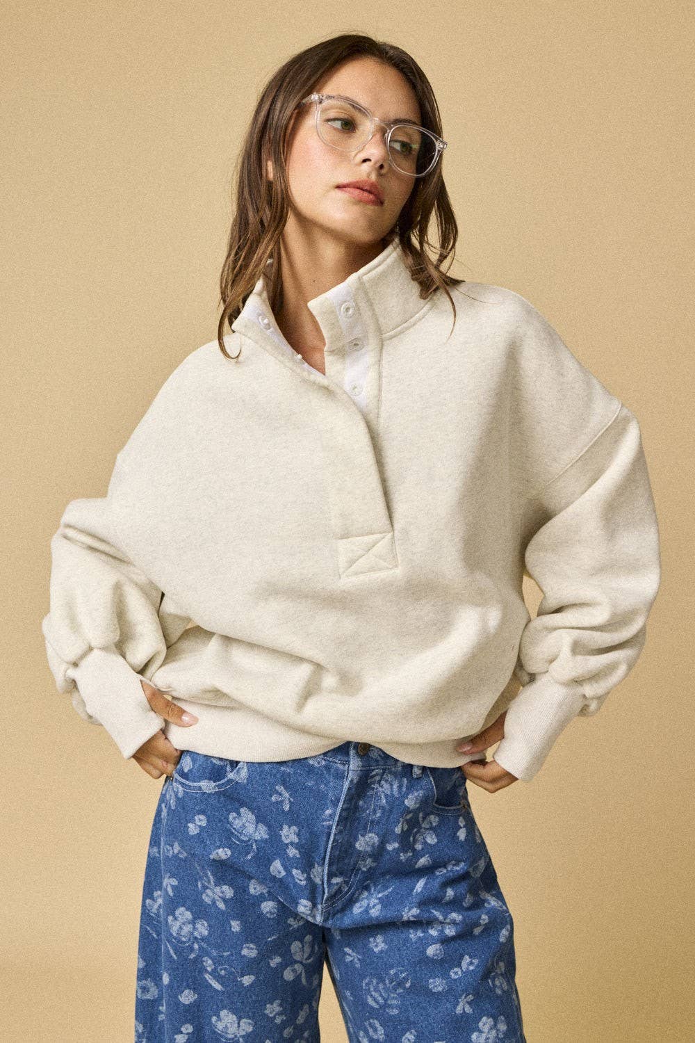 High Collar Half Button-Up Relaxed Fit Pullover
