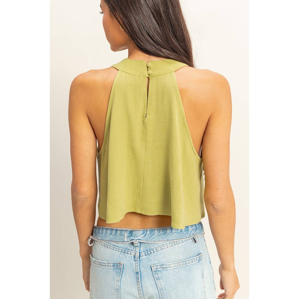 Halter Pleated Ruffle Crop Top: LIGHT OLIVE