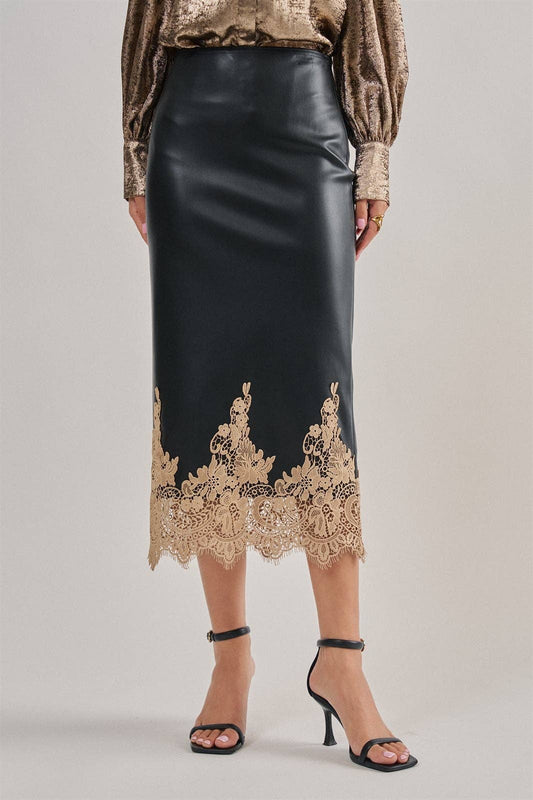 Faux Leather Midi Skirt with Lace Hem