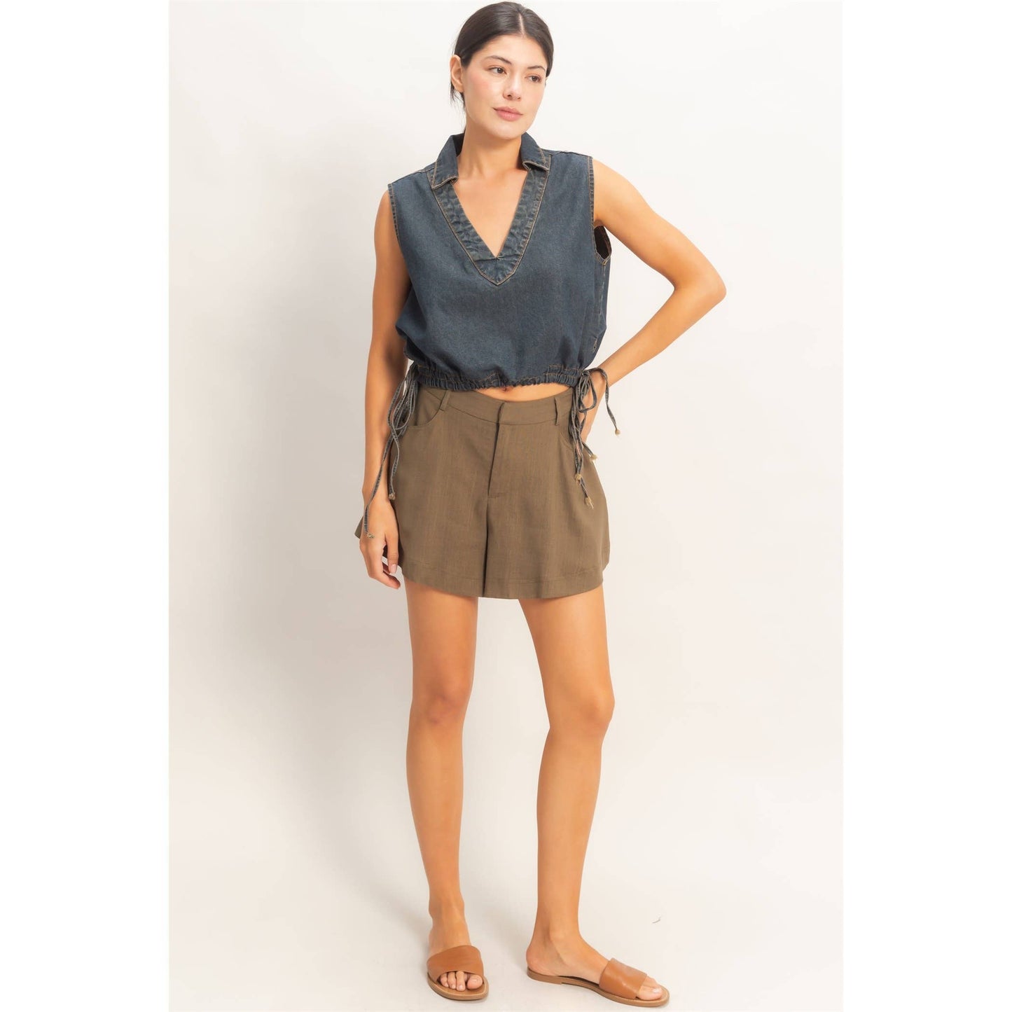 Collared V-Neck Drawstring Tank