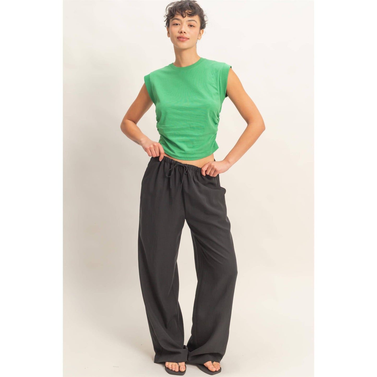 Ruched Waist Sleeveless Cotton Top