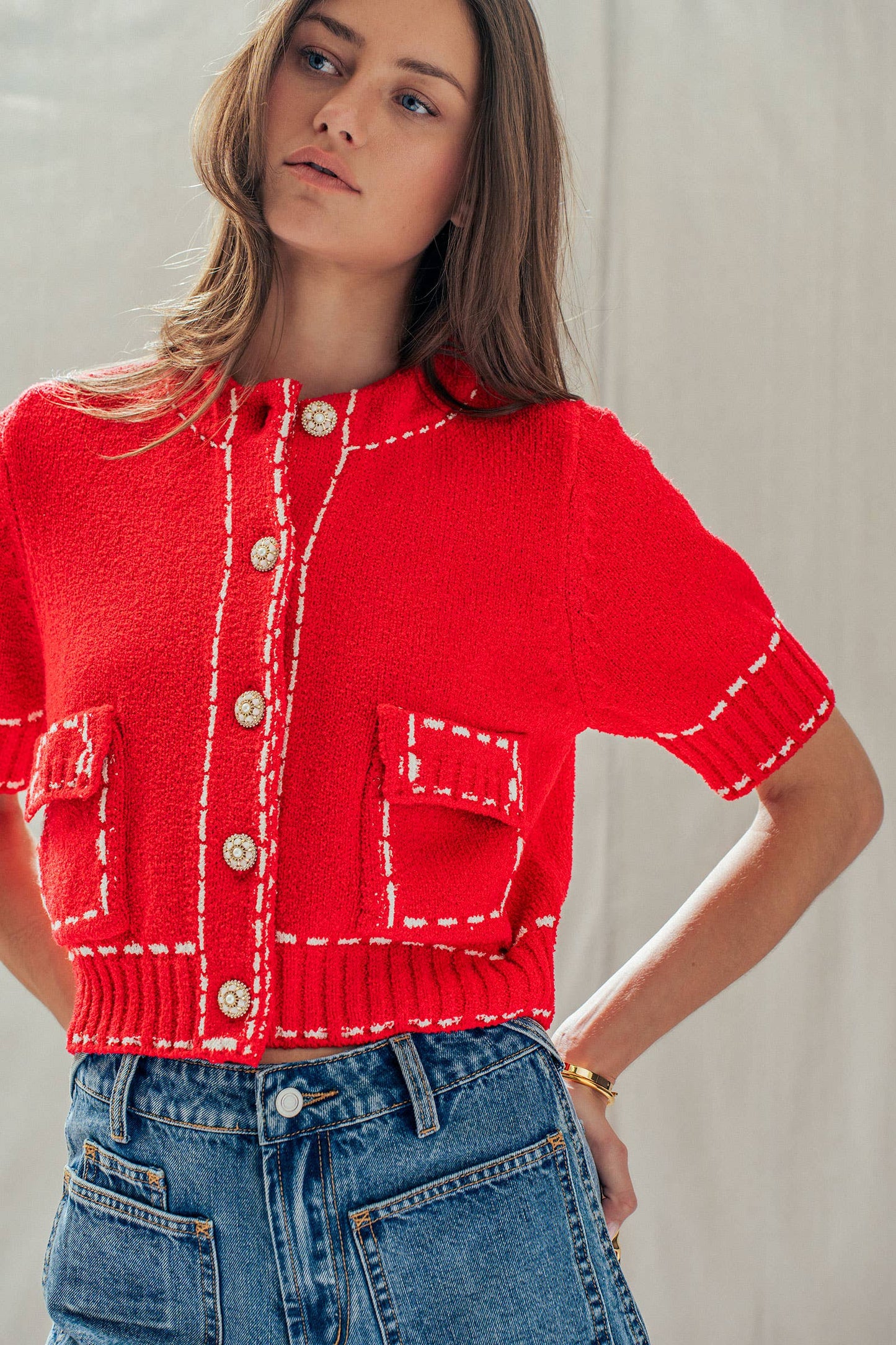 Faux Stitch Look Short Sleeve Cardigan