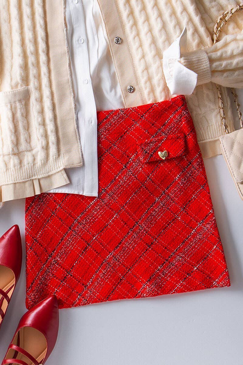 Tweed Plaid with Gold Heart Pocket Mini Skirt
