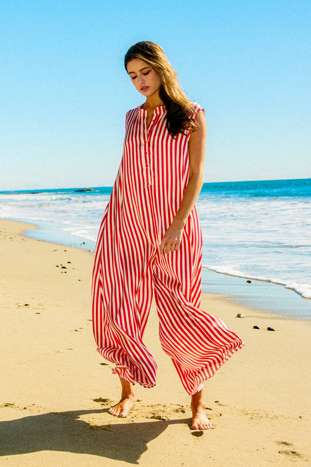Wide Leg Stripe Satin Jumpsuit