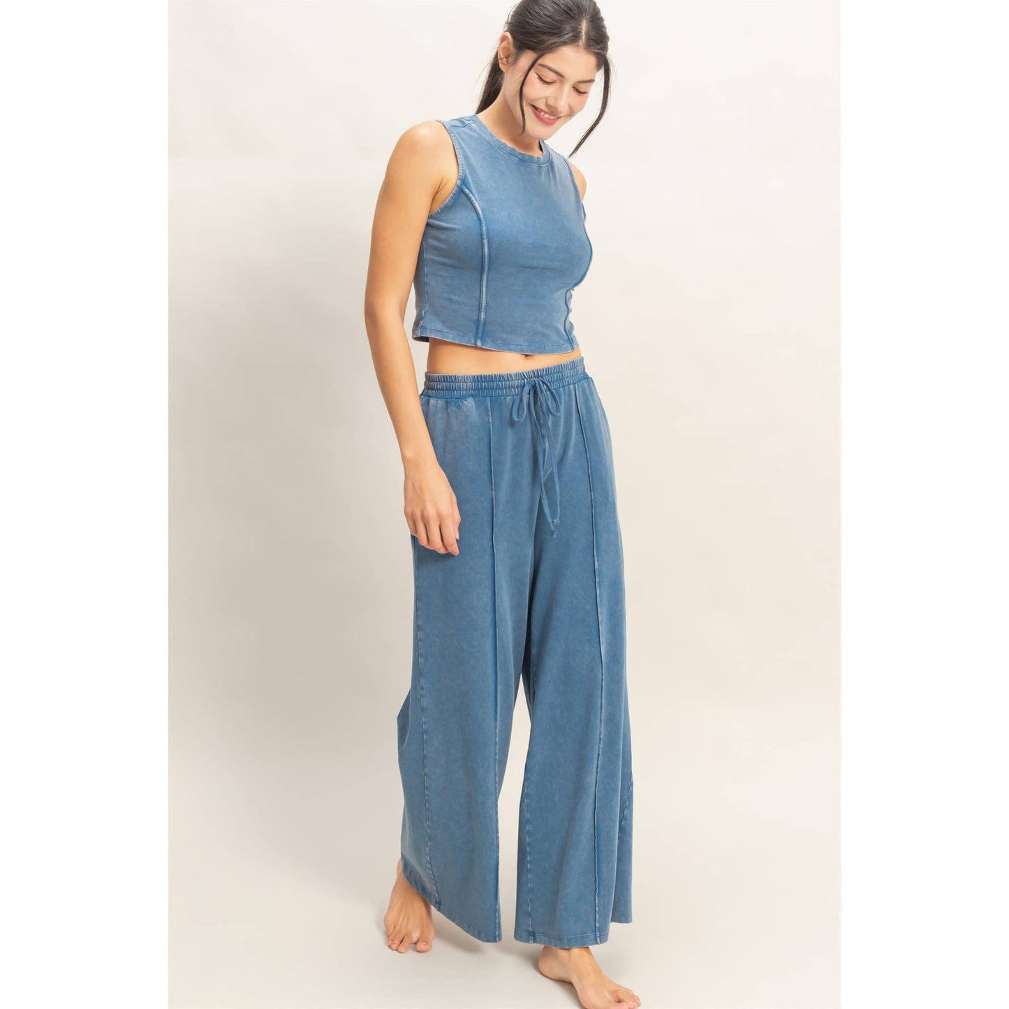 Mineral Washed Sleeveless Top & Wide Leg Pants Set: NAVY