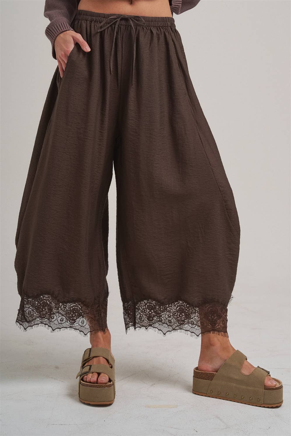 Flowy Balloon Pants with Lace Trim