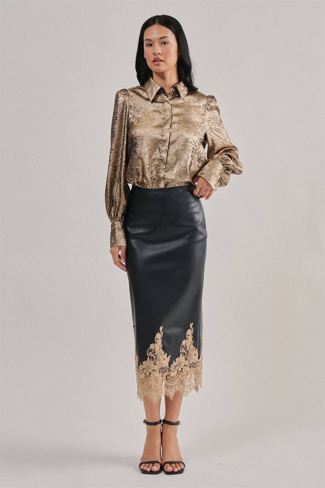 Faux Leather Midi Skirt with Lace Hem