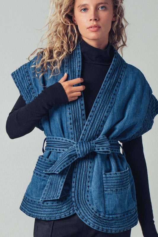 Washed Belted Denim Vest