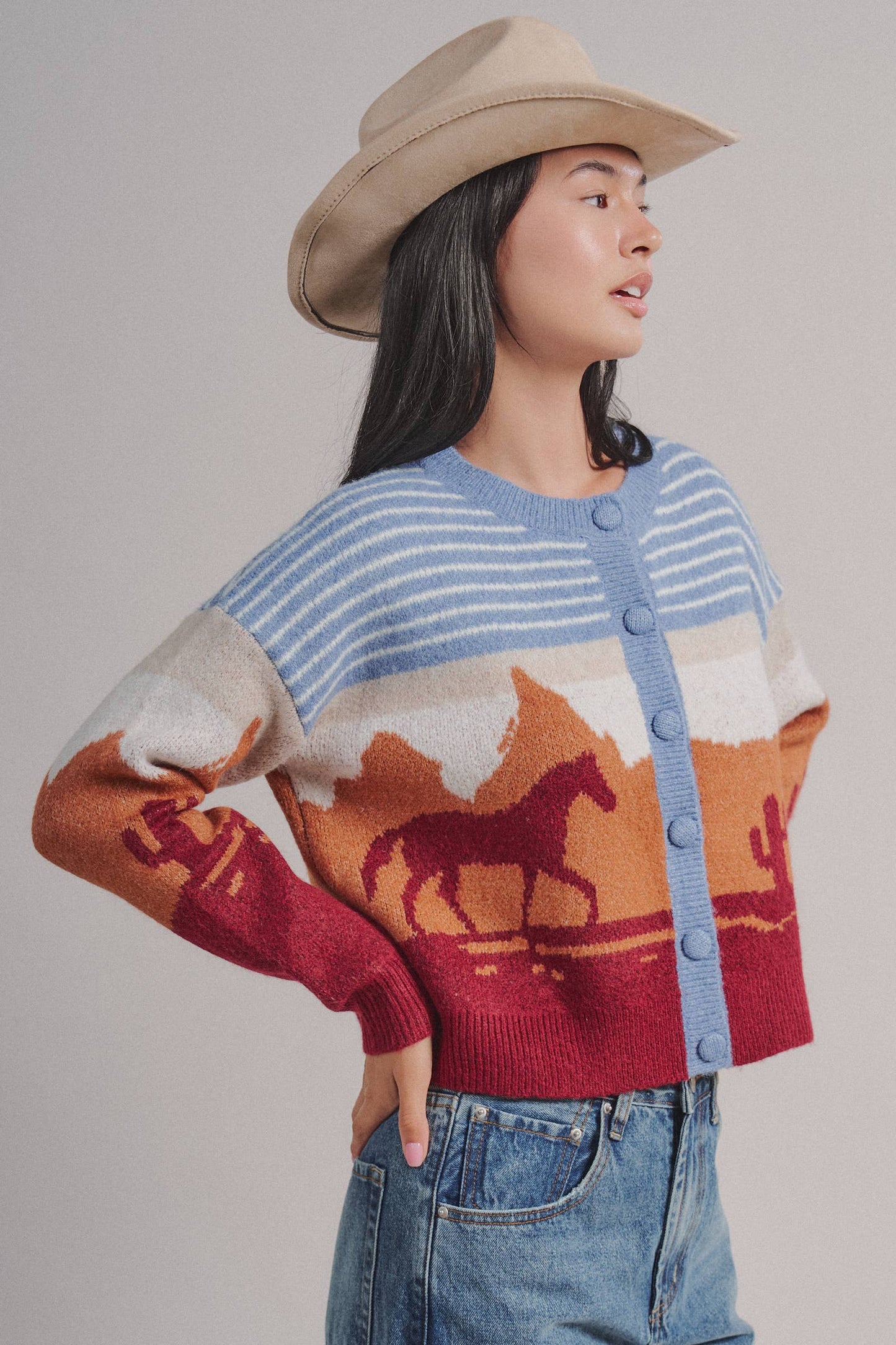 Western Desert Scene Cropped Button Cardigan