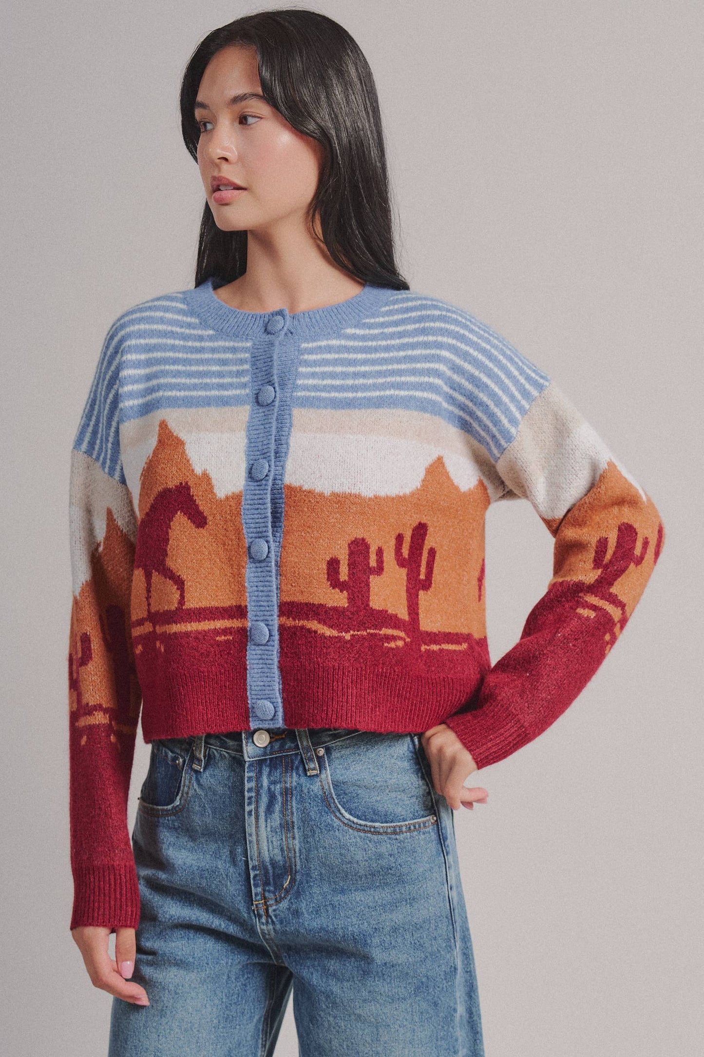 Western Desert Scene Cropped Button Cardigan