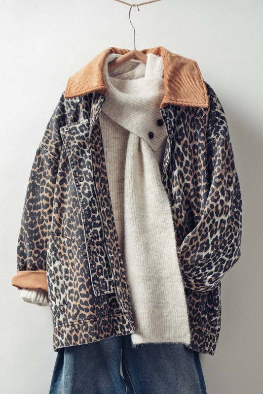 Corduroy Collar Leopard Print Jacket