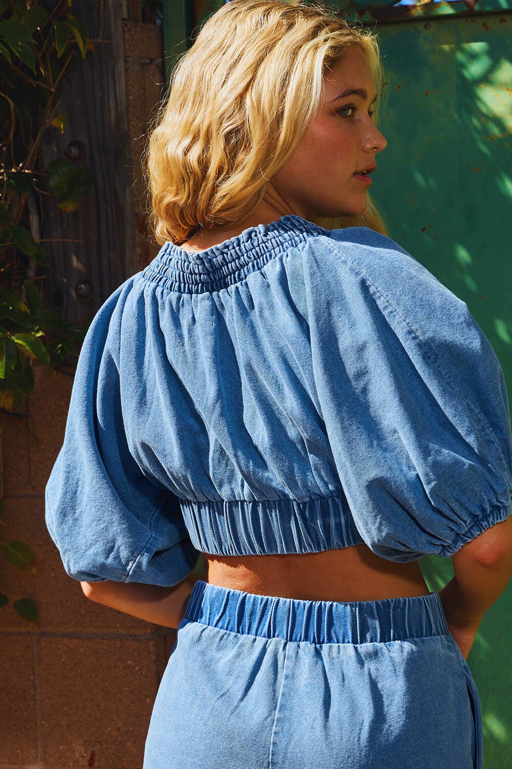 Smocked Ruffle V-neck Crop Top Denim Blouse