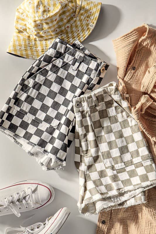 Retro Checkerboard Raw Hem Denim Shorts