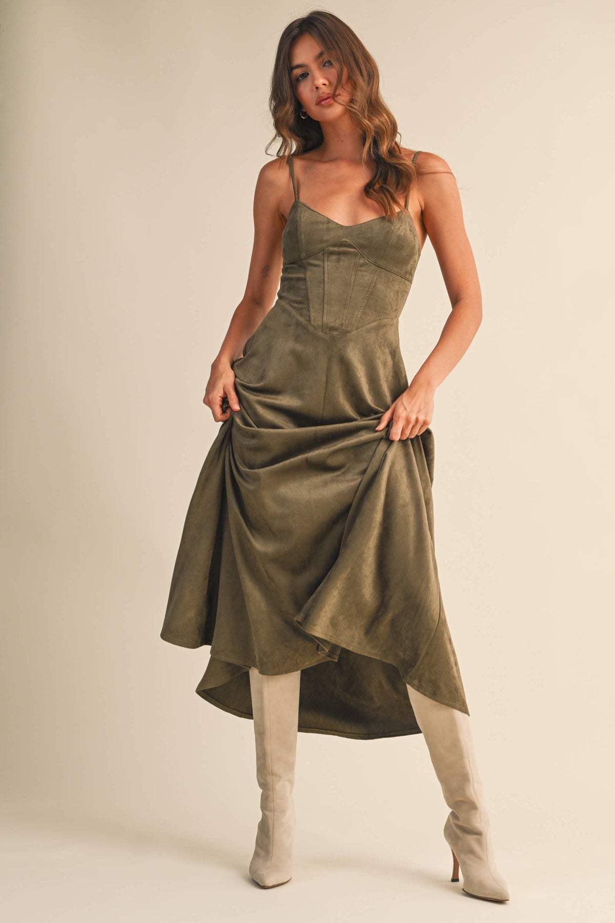 Suede Corset Flared Midi Dress