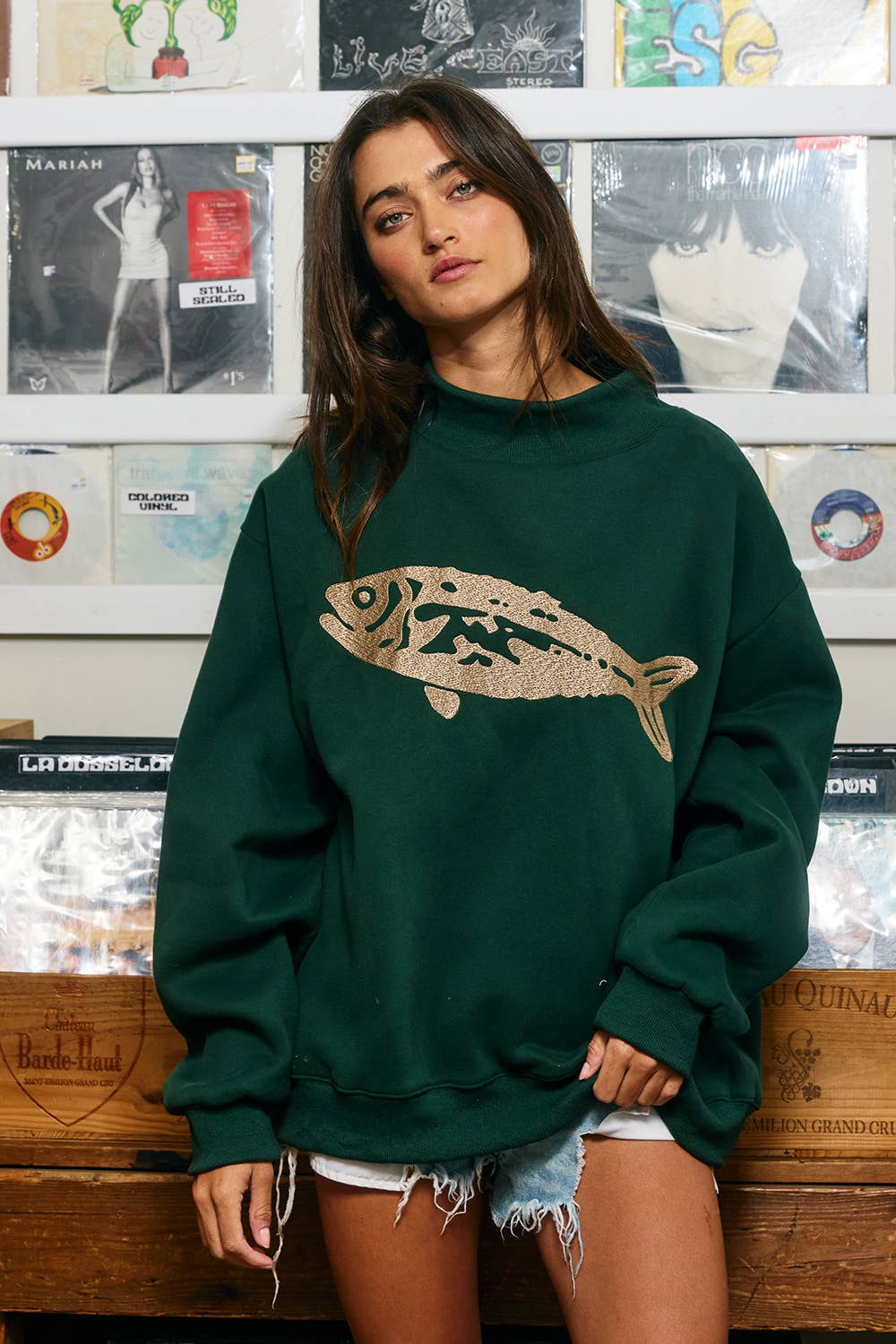 Fish-Embroidered Mock-Neck Sweatshirt