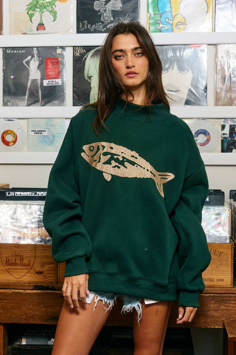 Fish-Embroidered Mock-Neck Sweatshirt