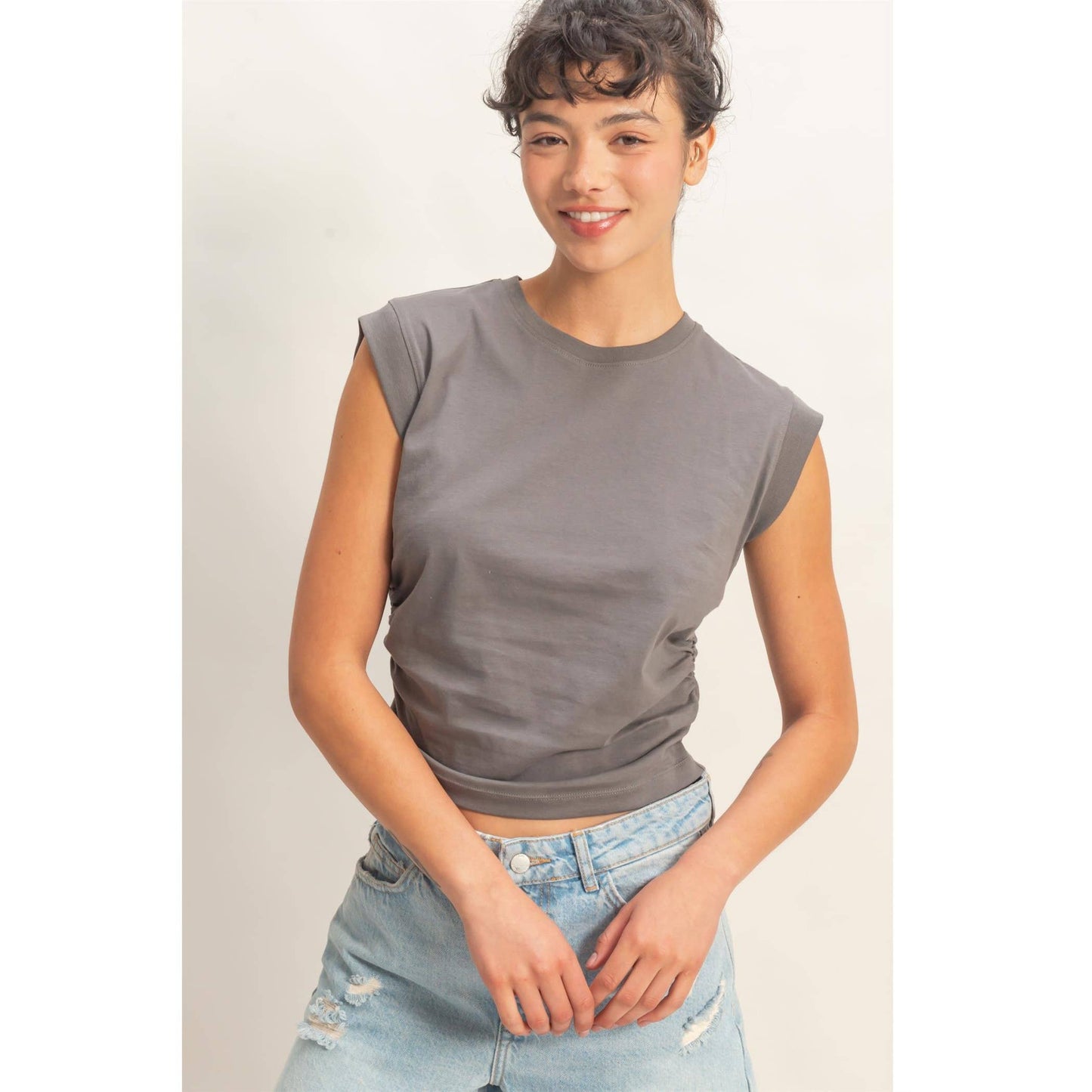 Ruched Waist Sleeveless Cotton Top