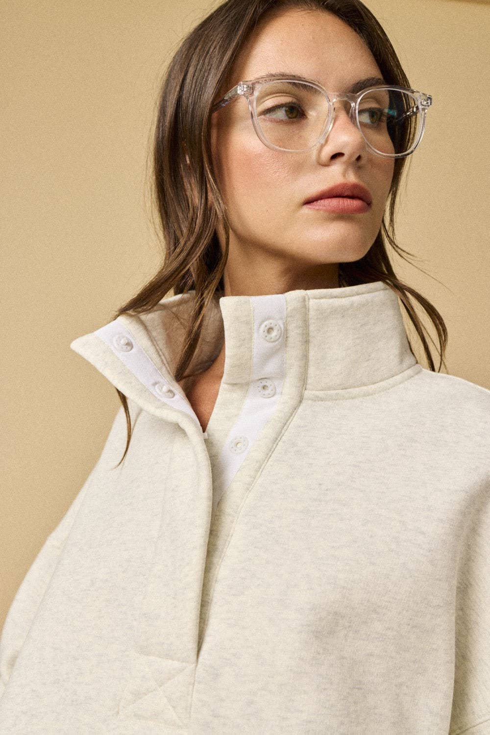 High Collar Half Button-Up Relaxed Fit Pullover