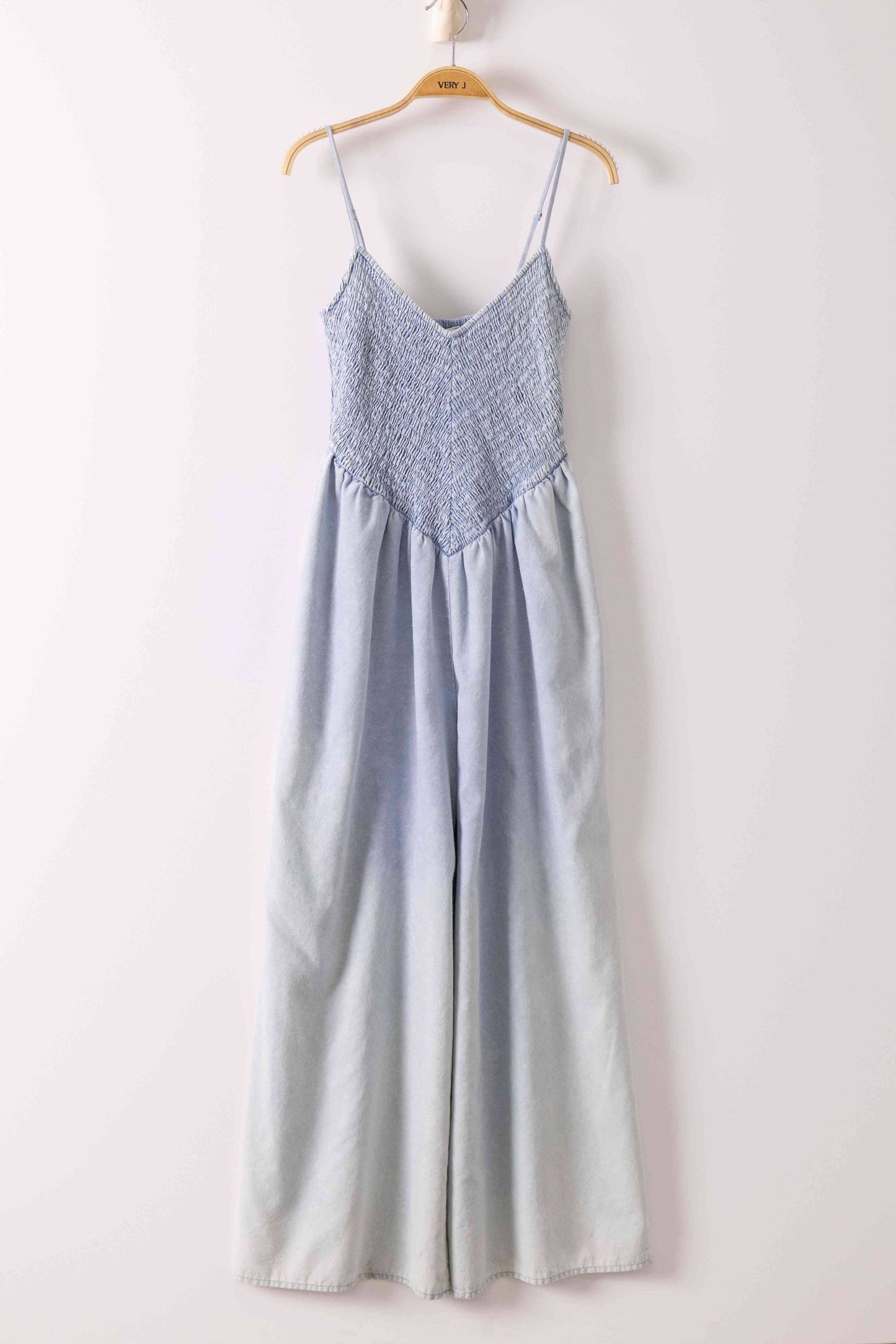 Smocking Torso Washed Chambray Jumpsuit