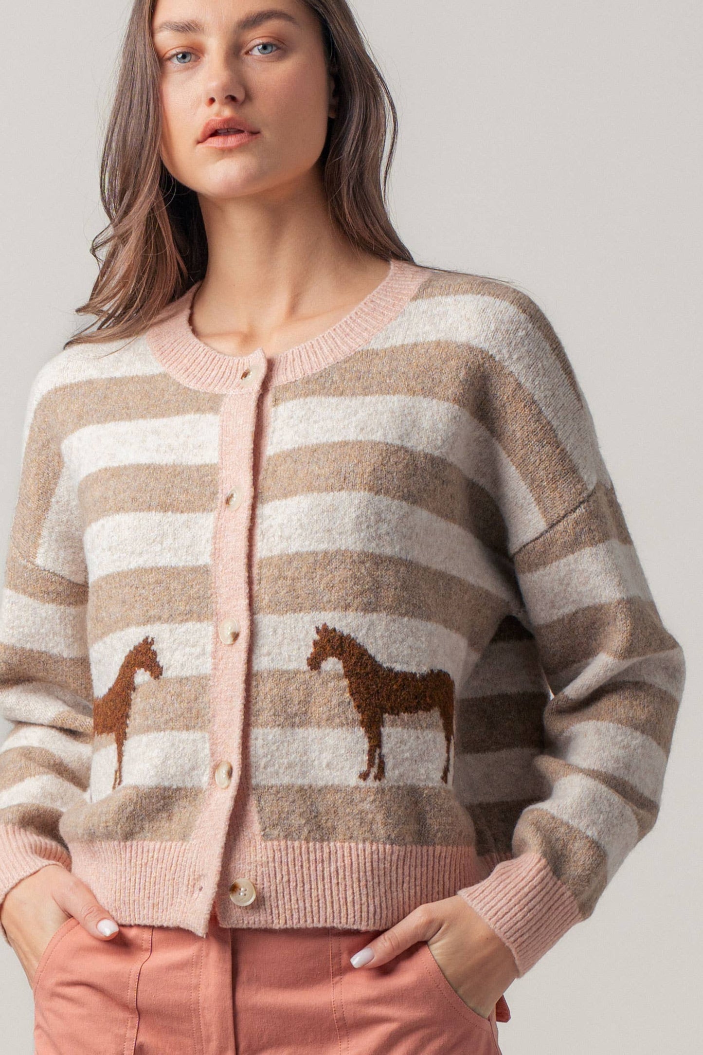 Horse Jacquard Striped Crew Neck Cardigan