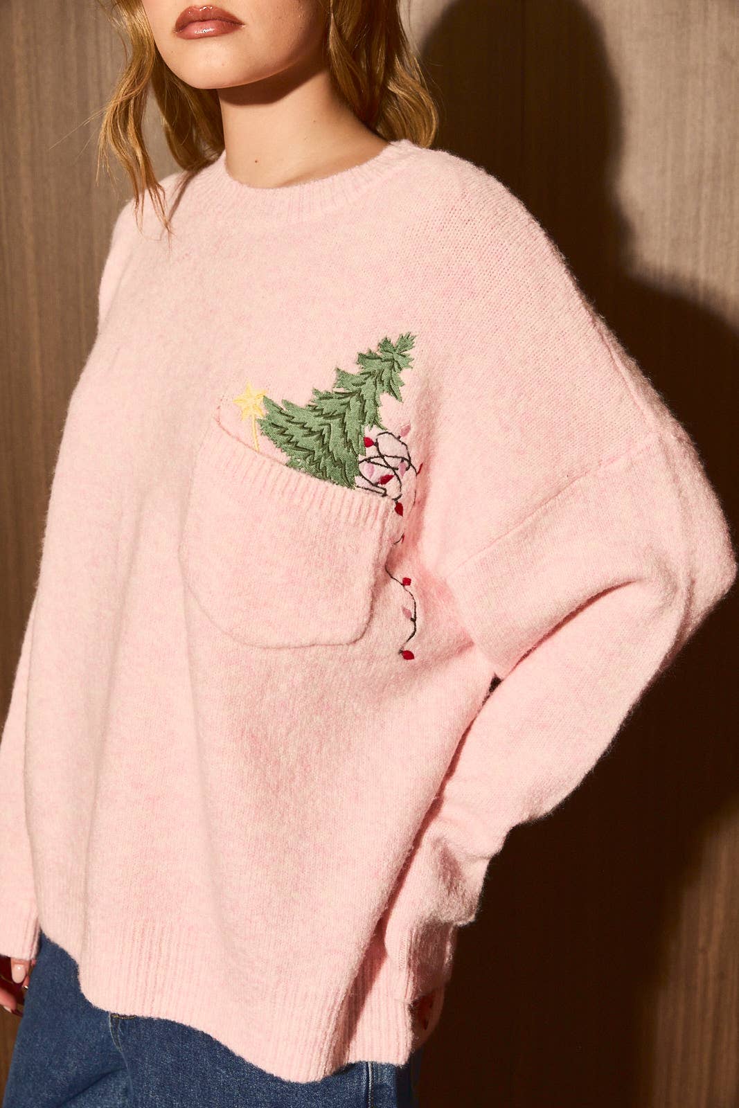 Embroidered Christmas Tree Pocket Sweater
