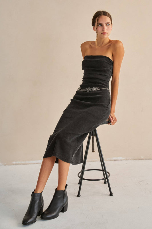 Strapless Ribbed Jersy Midi Dress