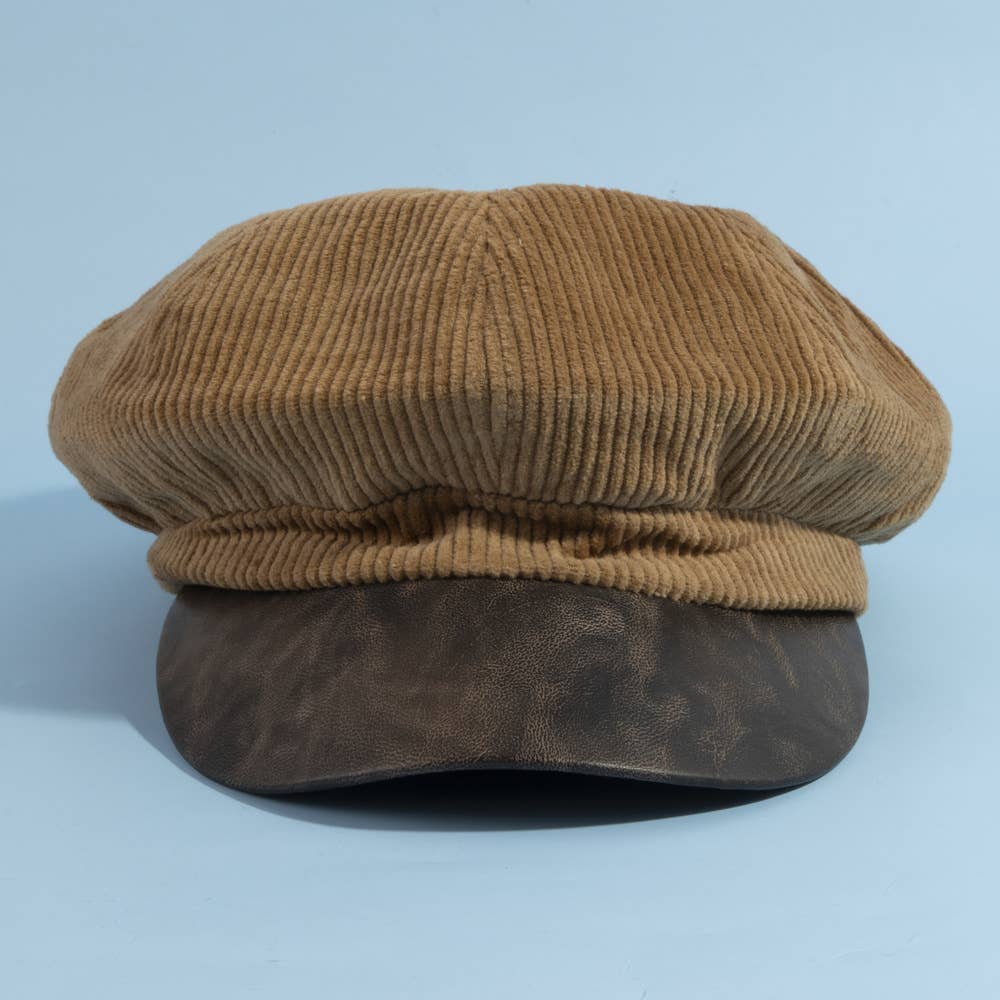 Corduroy Newsboy Hat With Vegan Leather Brim