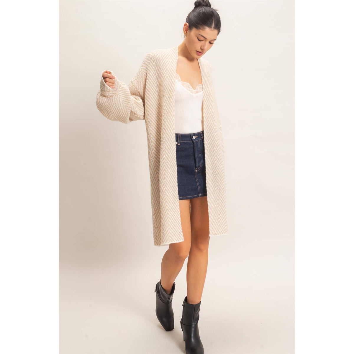 Herringbone Pattern Open-Front Cardigan