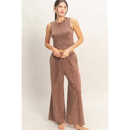 Mineral Washed Sleeveless Top & Wide Leg Pants Set: CHOCOLATE