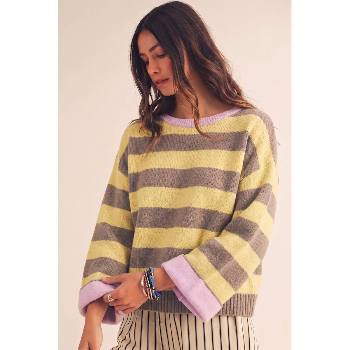 Stripe Effortless Everyday Relaxed Contrast Cuff Sweater