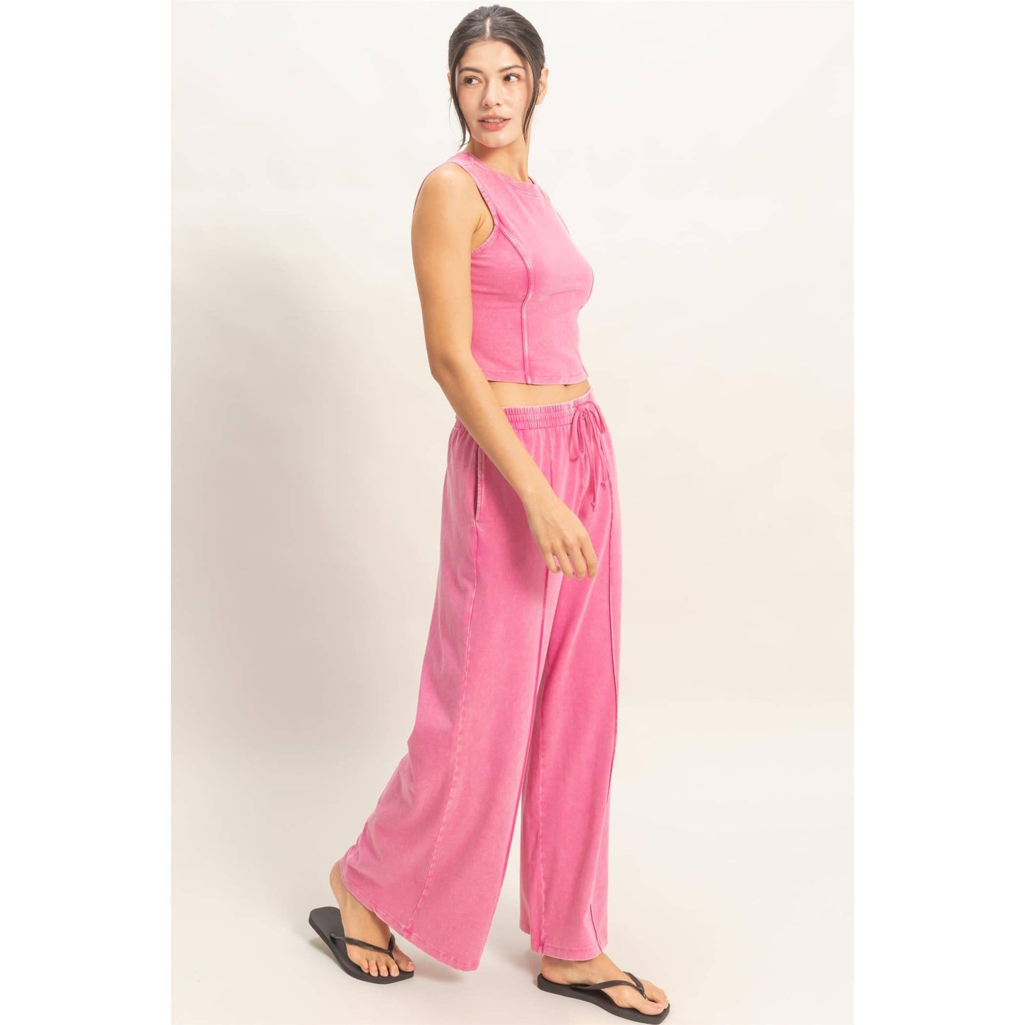 Mineral Washed Sleeveless Top & Wide Leg Pants Set: