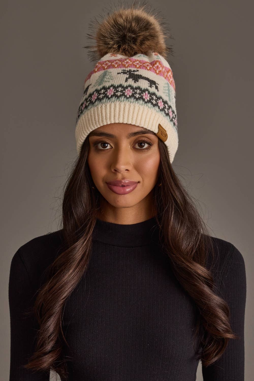 Ivory Deer Winter Pattern Pom Hat