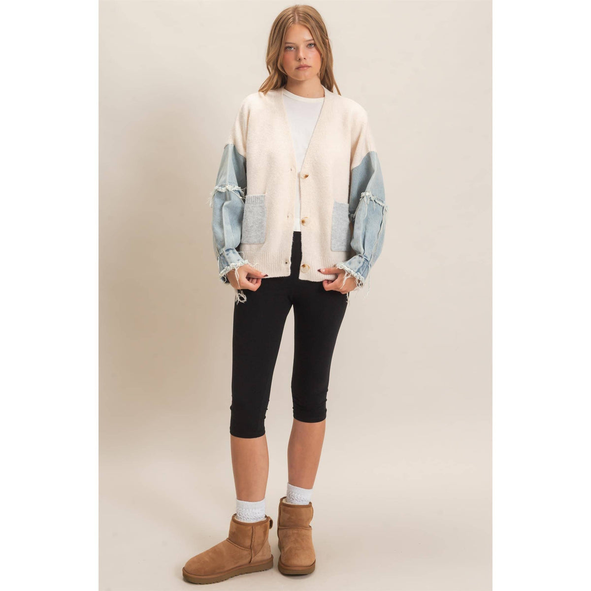 V-Neck Cardigan With Distressed Denim Sleeves