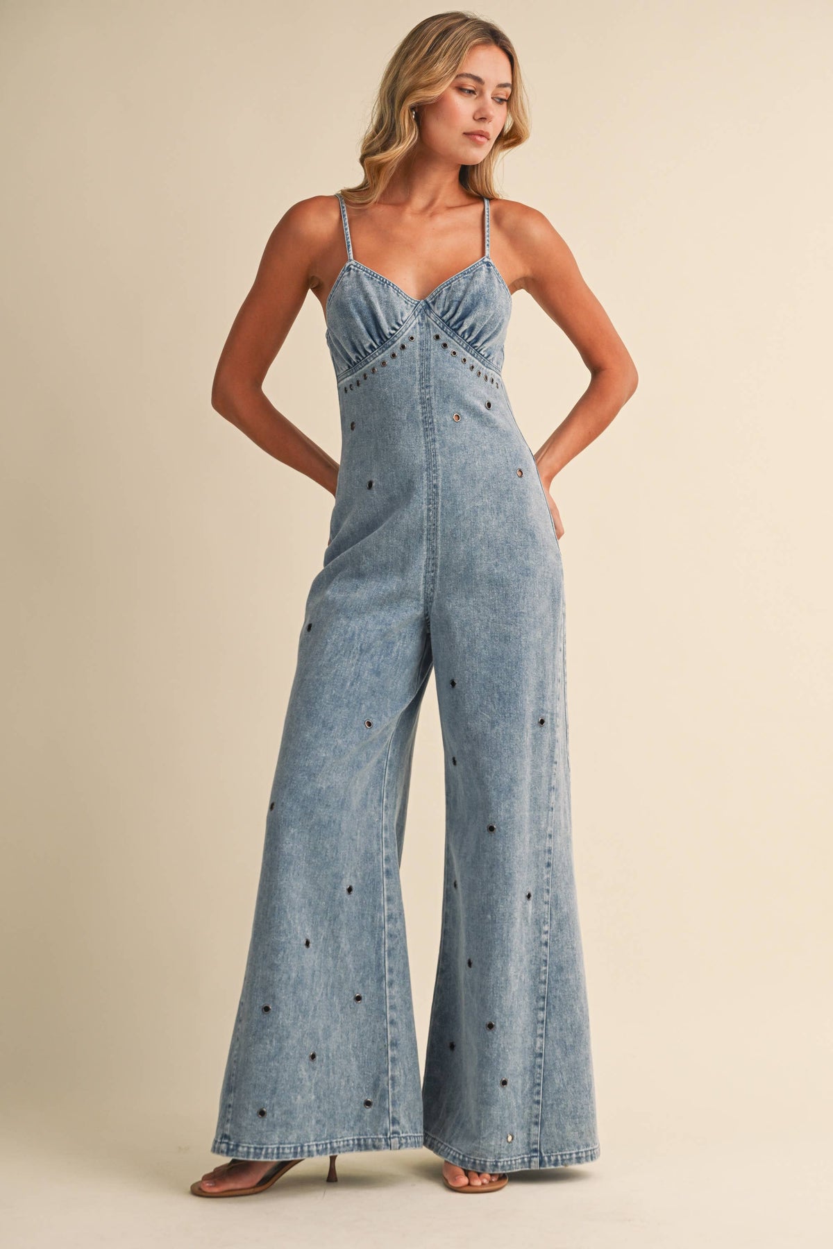 Denim Jumpsuit with Grommet Details