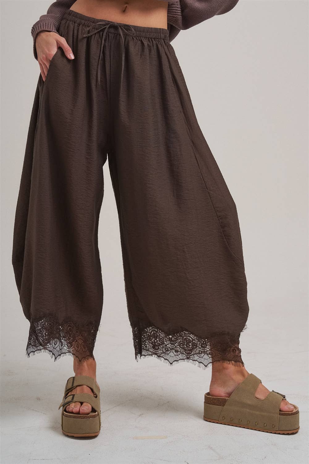 Flowy Balloon Pants with Lace Trim