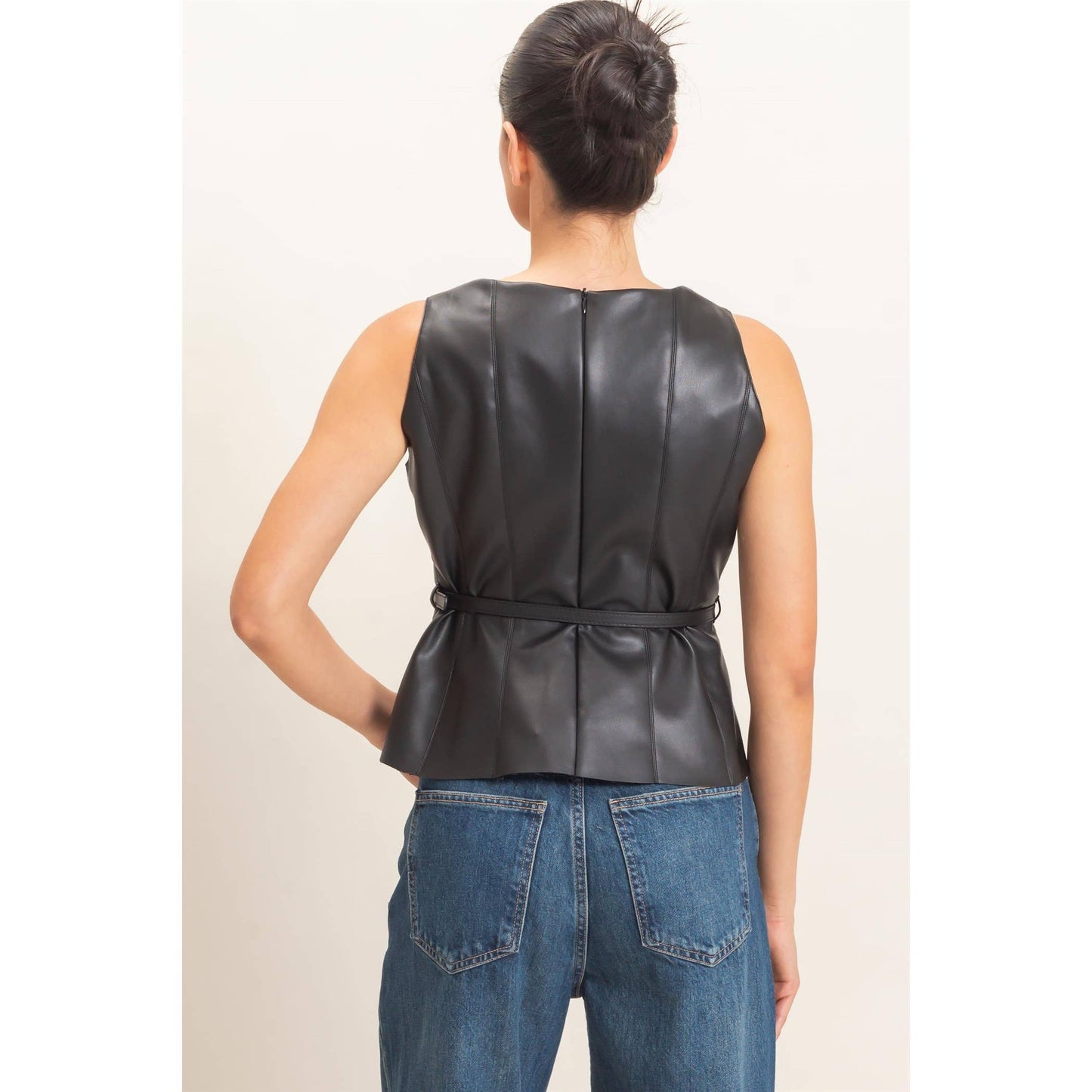 Sleek Faux Leather Belted Top