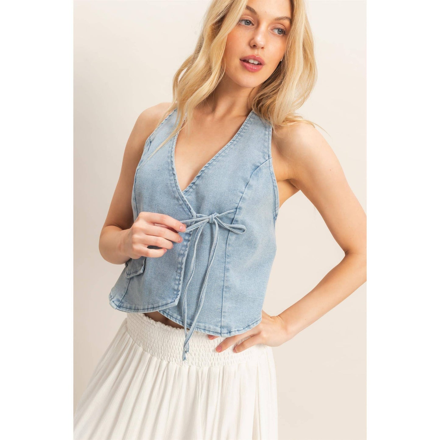 Denim Halter Wrap Top