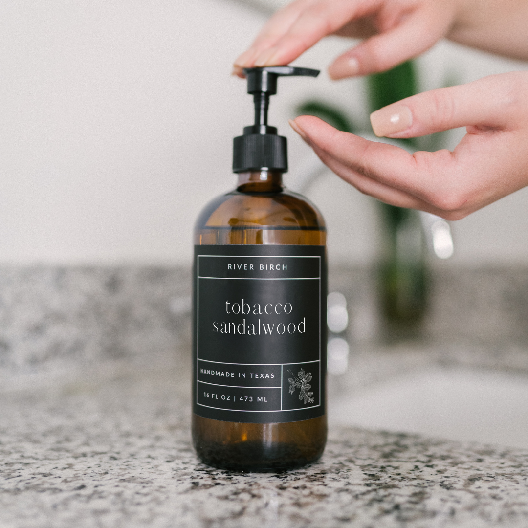 Tobacco Sandalwood -16oz Amber Glass Soap-Handmade-Hand Wash