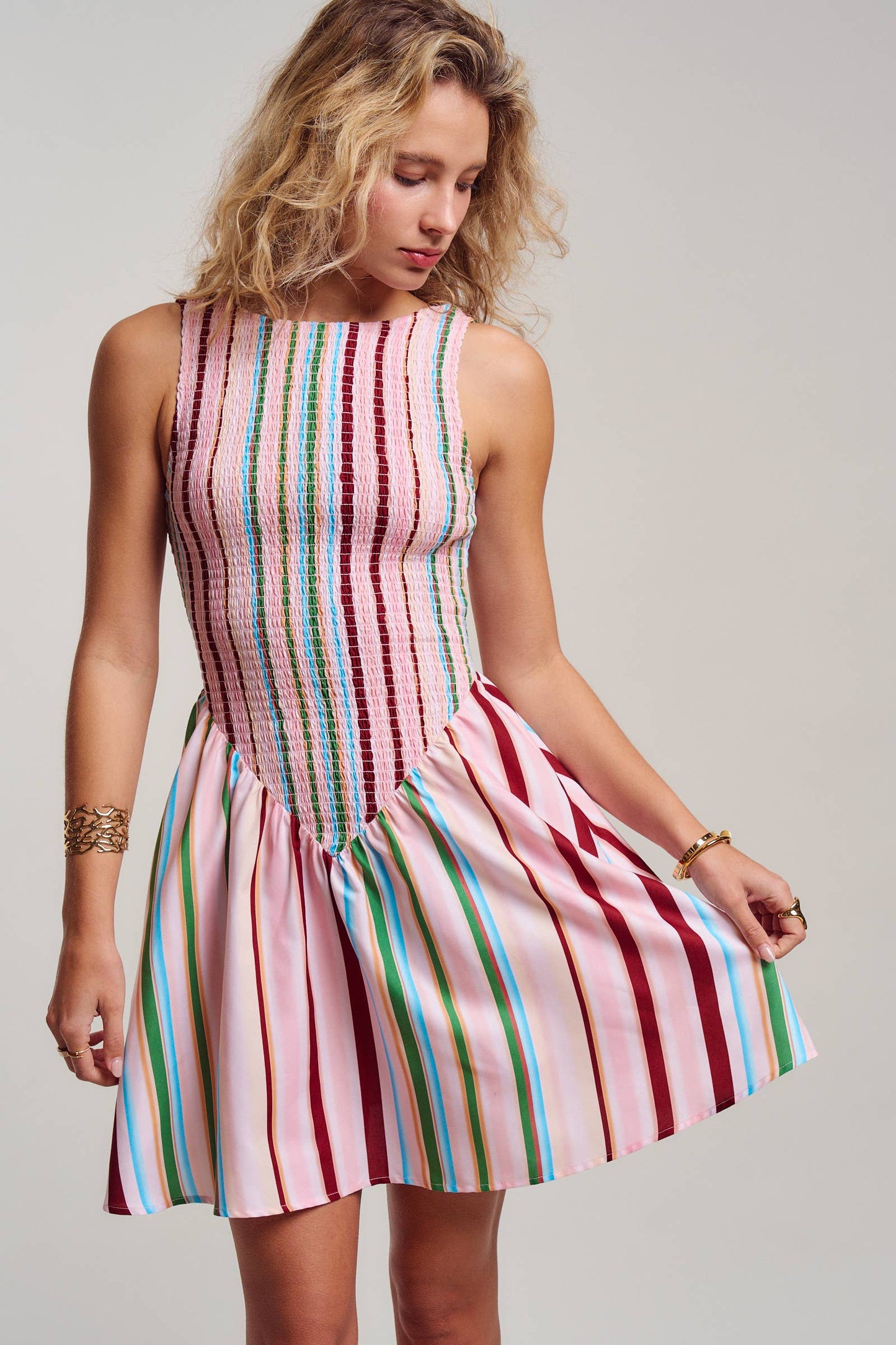 Sorbet Stripe Smocked Bodice Sleeveless Mini Dress