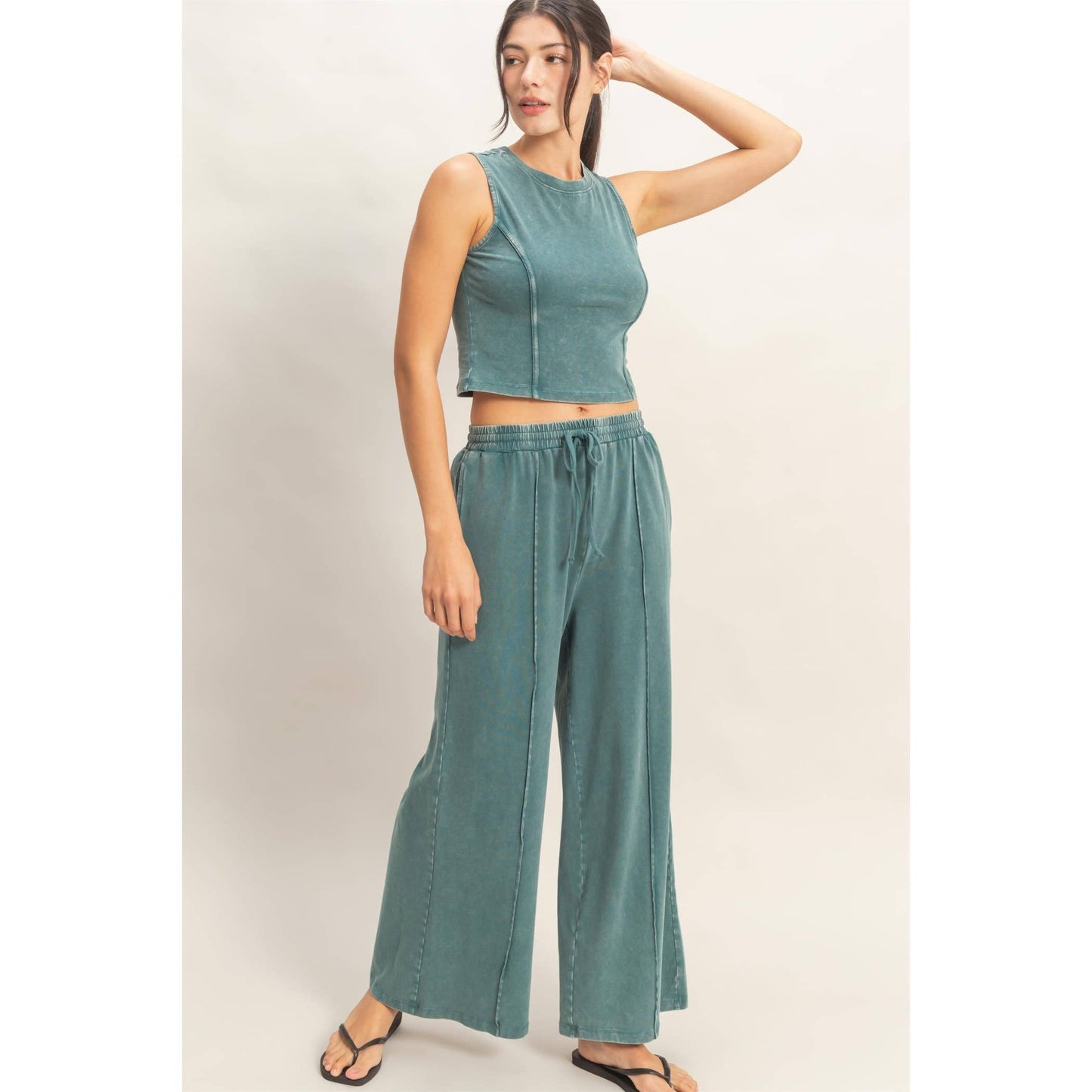 Mineral Washed Sleeveless Top & Wide Leg Pants Set: