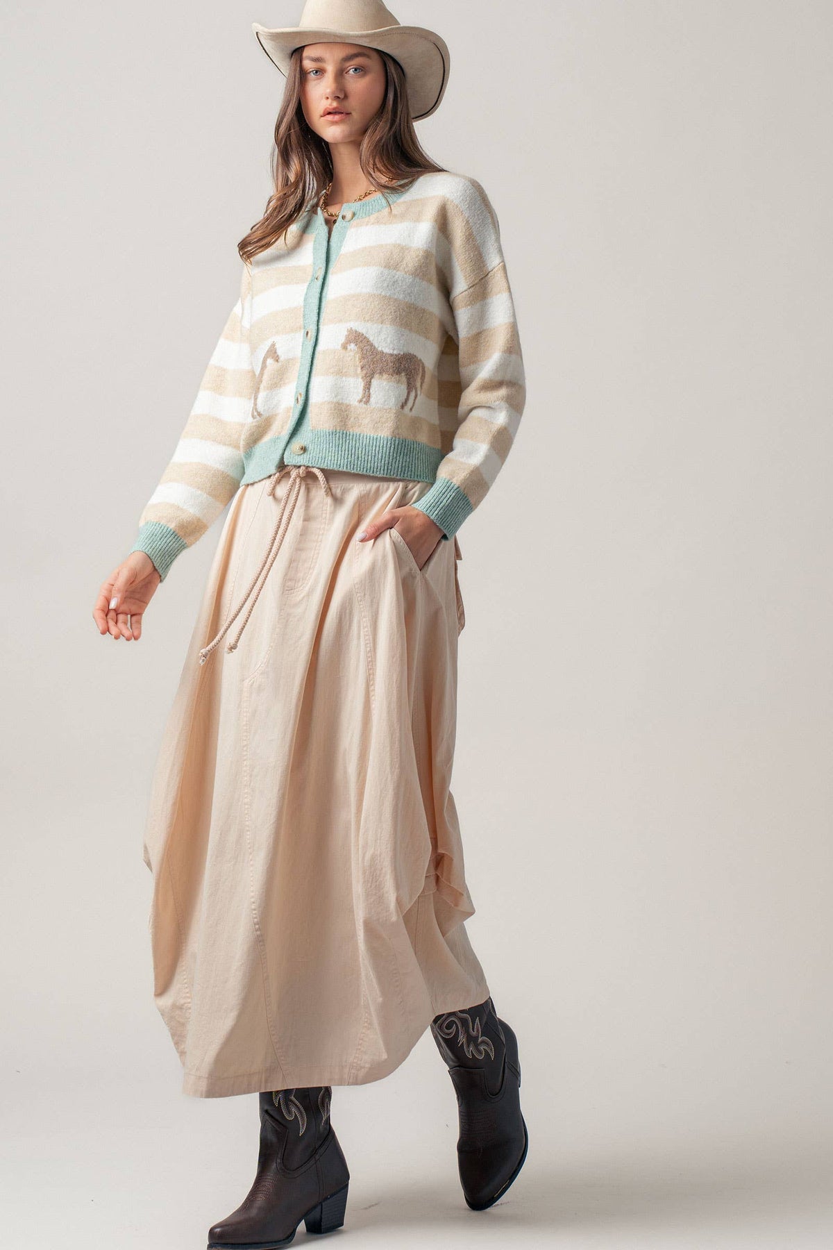 Horse Jacquard Striped Crew Neck Cardigan