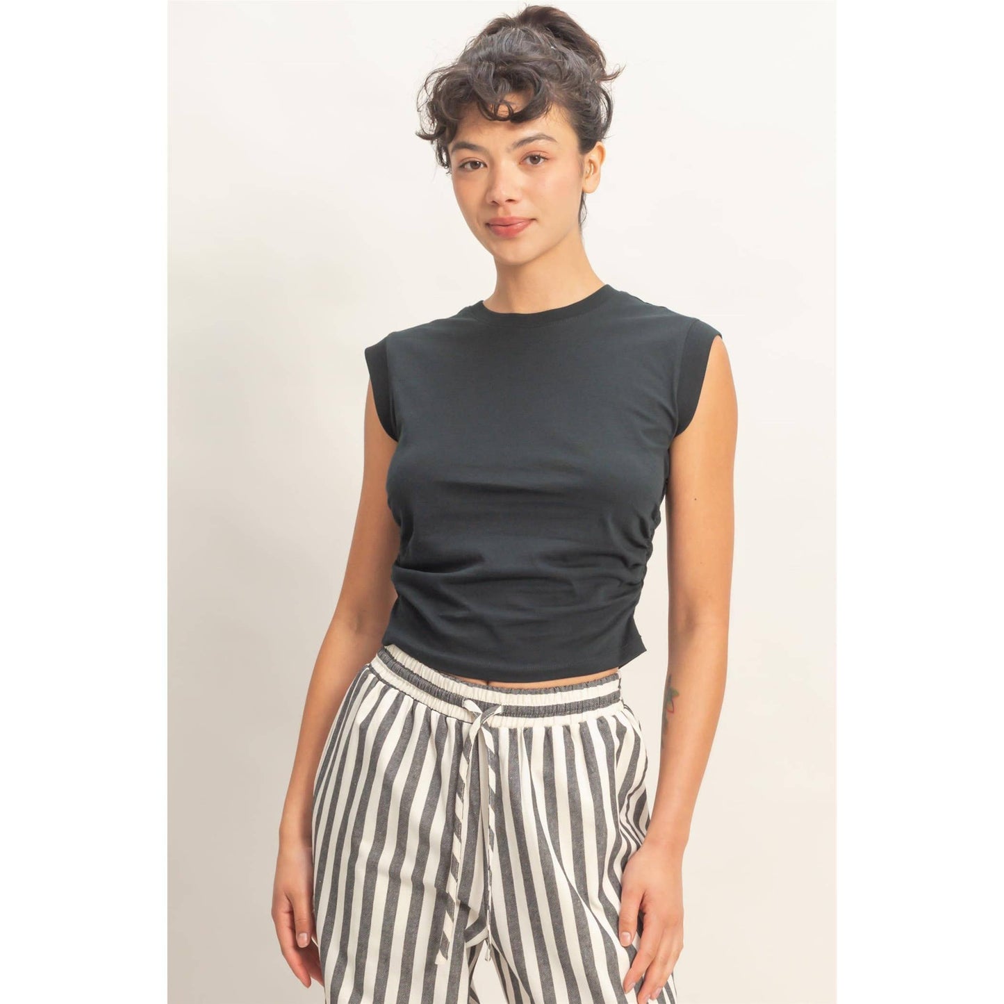 Ruched Waist Sleeveless Cotton Top