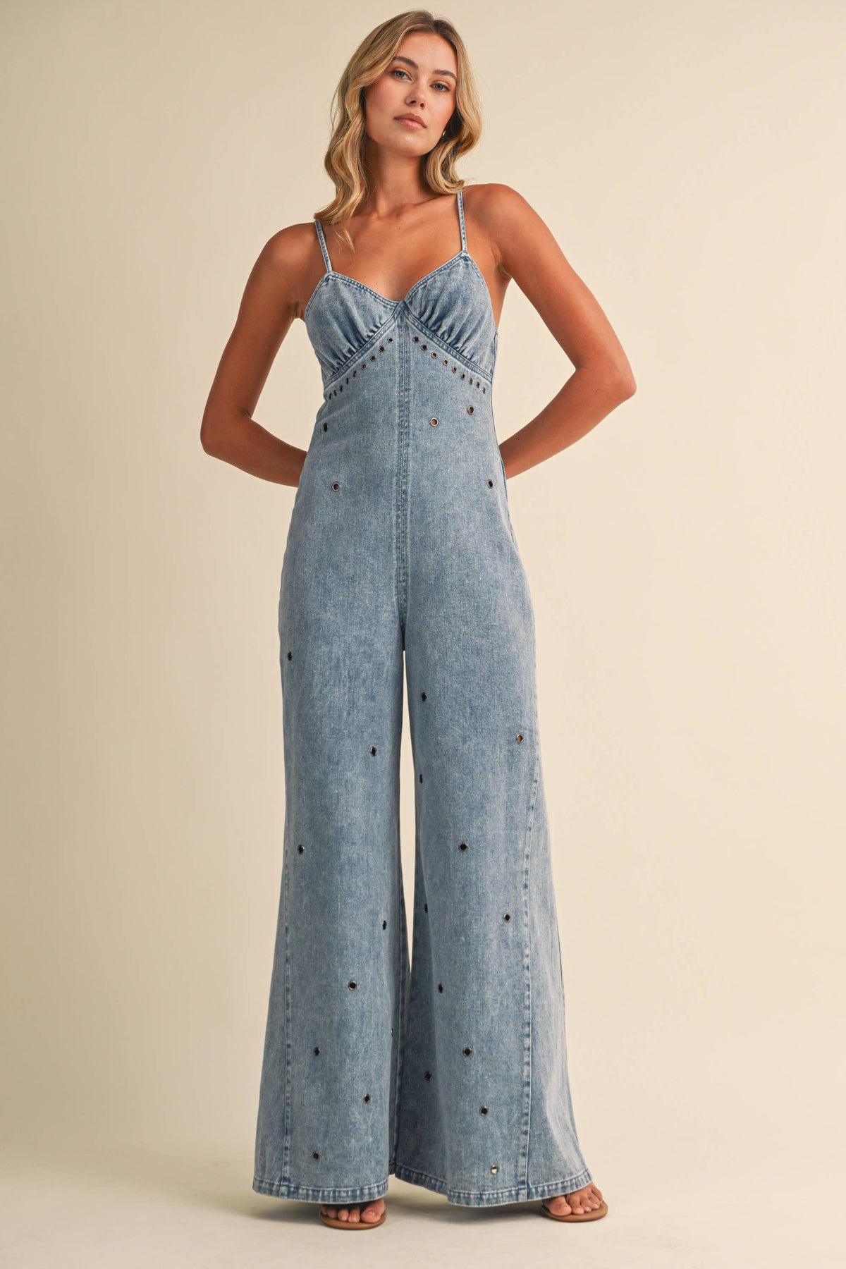 Denim Jumpsuit with Grommet Details