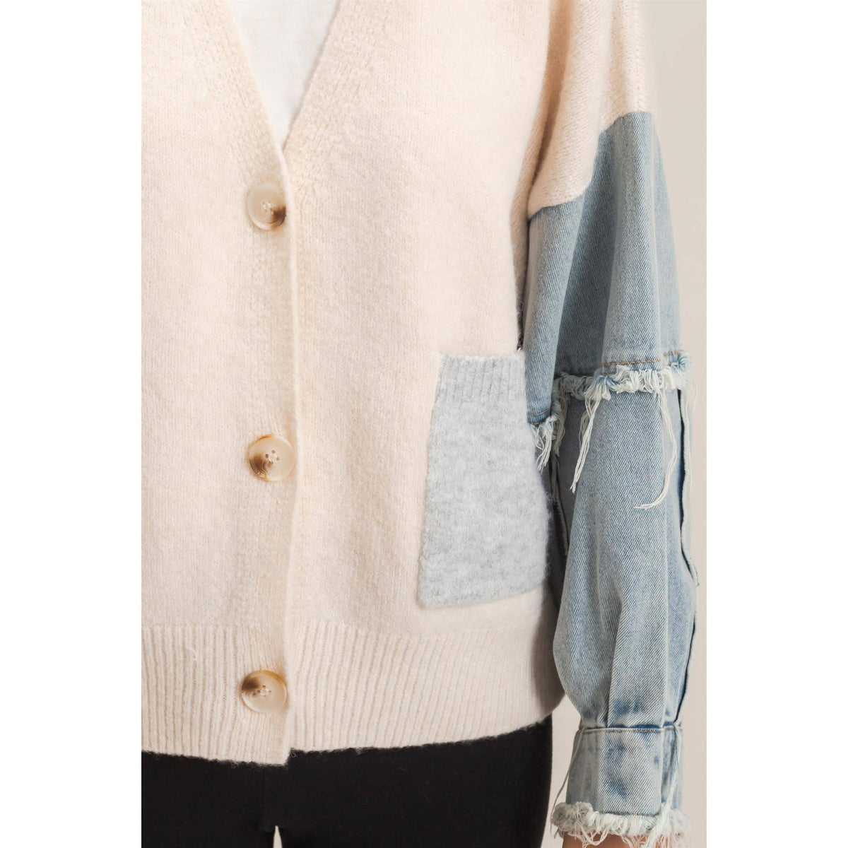 V-Neck Cardigan With Distressed Denim Sleeves