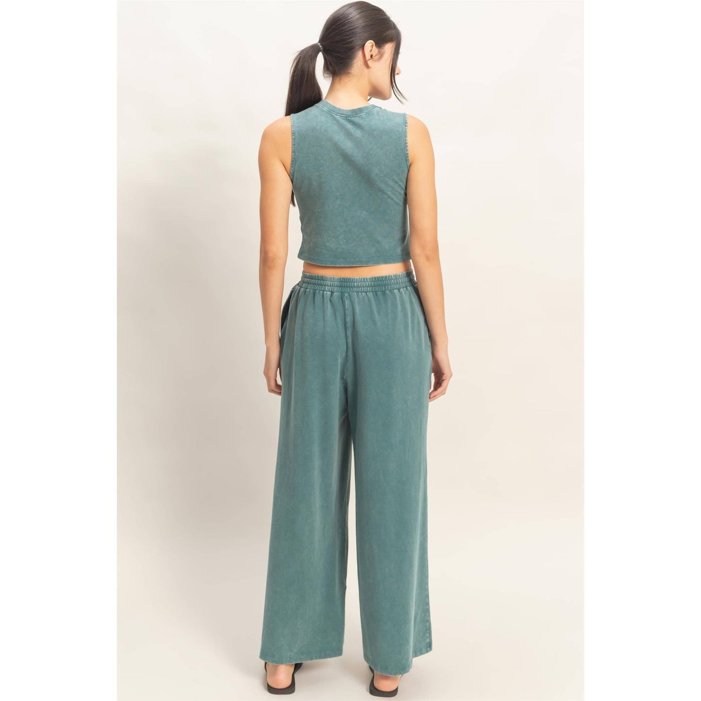 Mineral Washed Sleeveless Top & Wide Leg Pants Set: