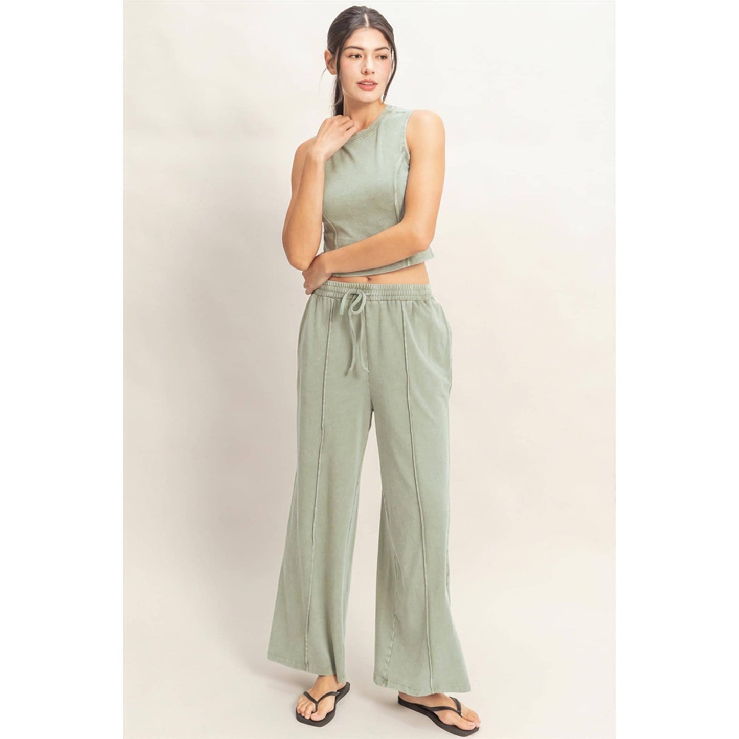 Mineral Washed Sleeveless Top & Wide Leg Pants Set: